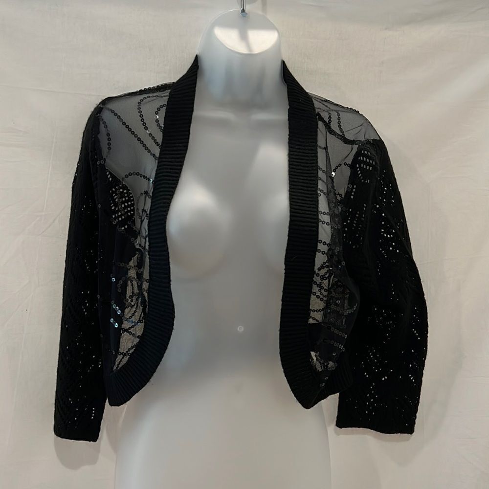 Nue options black sequin and mesh shrug. petite medium.